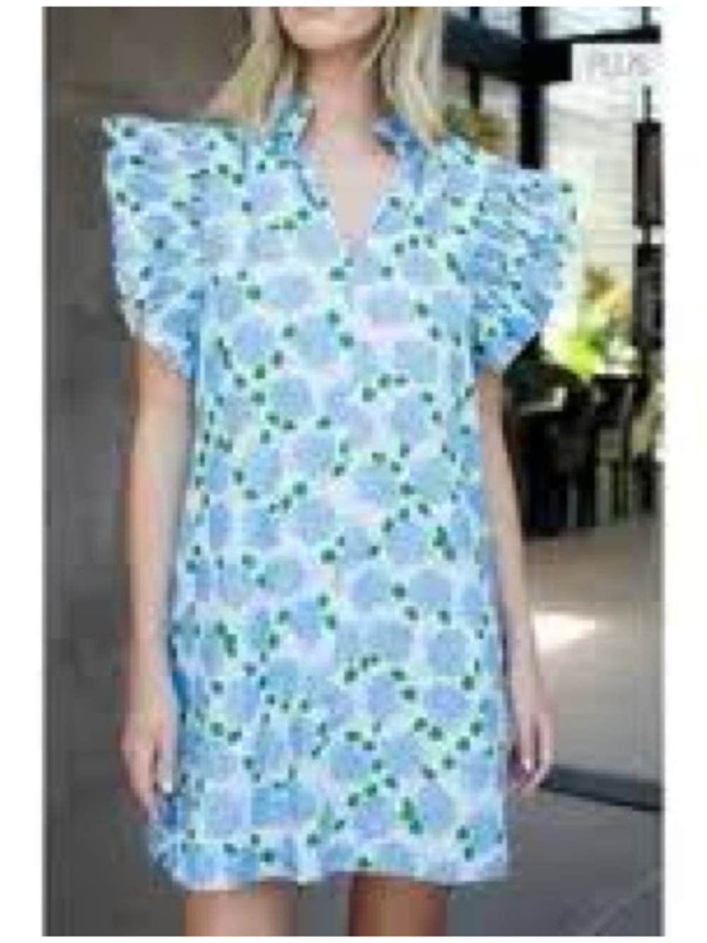NWT, THML Blue Hydrangea Print Ruffle Sleeve Mini Dress - Picture 2 of 2